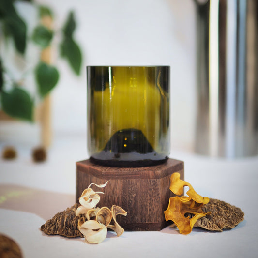 Verre marrin recyclé artisanal, découpé dans une bouteille en verre, posé sur un socle en bois naturel. Mise en scène décorative avec champignons séchés et fond flou végétal. Produit écologique et design, idéal pour une décoration durable ou un cadeau écoresponsable.