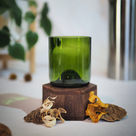 Verre vert recyclé artisanal, découpé dans une bouteille en verre, posé sur un socle en bois naturel. Mise en scène décorative avec champignons séchés et fond flou végétal. Produit écologique et design, idéal pour une décoration durable ou un cadeau écoresponsable.