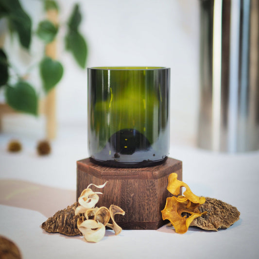 Verre vert foncé recyclé artisanal, découpé dans une bouteille en verre, posé sur un socle en bois naturel. Mise en scène décorative avec champignons séchés et fond flou végétal. Produit écologique et design, idéal pour une décoration durable ou un cadeau écoresponsable.